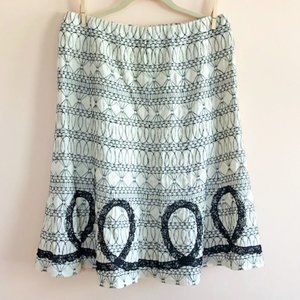 WD NY Ivory Linen Blend Black Embroidery Knee A Line Skirt size 8